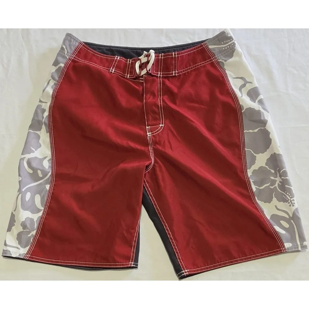 American Eagle Board Shorts Men 34 Red White Black Cargo Pocket Surf Swim Trunks